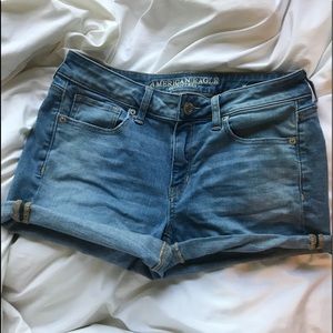 medium wash AE denim shorts